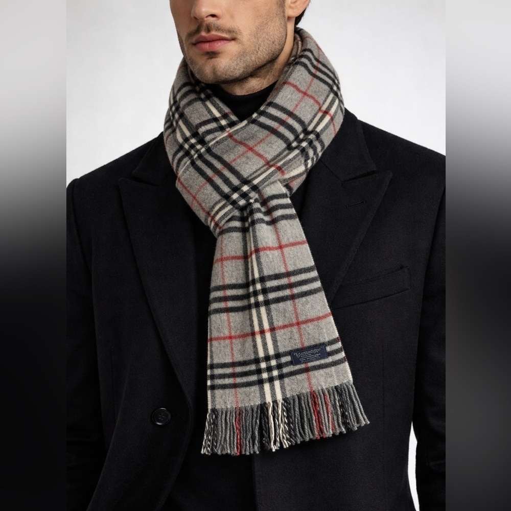 Burberrys Classic Gray and Red Plaid Scarf